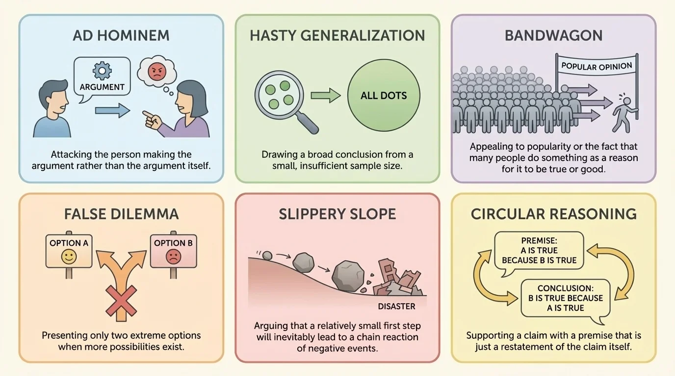 Diagram showing common fallacies in argument, including ad hominem, hasty generalization, bandwagon, false dilemma, slippery slope, and circular reasoning