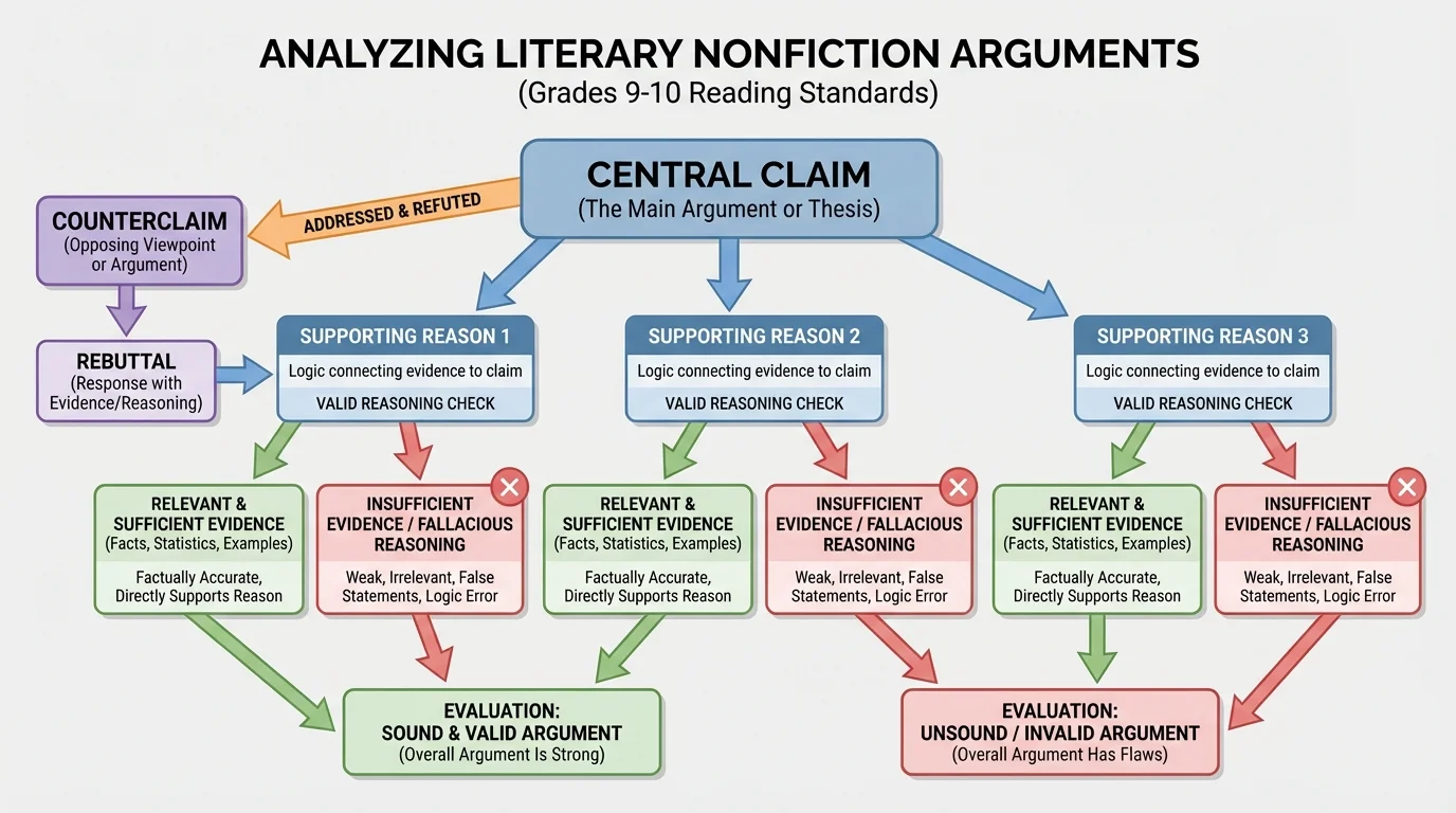 Flowchart of a literary nonfiction argument showing central claim, supporting reasons, evidence, and counterclaim boxes connected by arrows