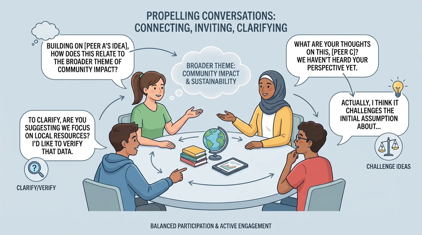 Illustration of a small-group discussion with speech lines showing one student inviting another in, one student citing a peer's idea, and balanced participation