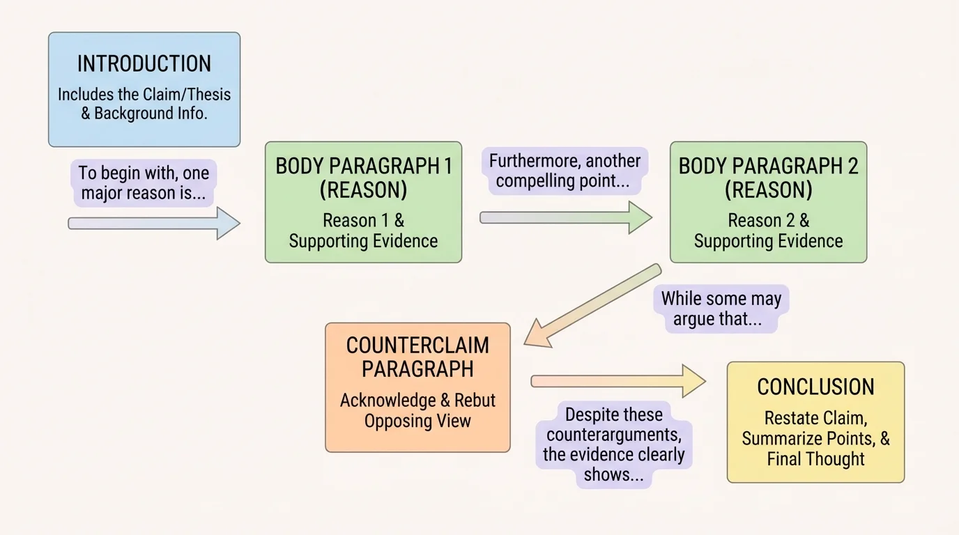 Flowchart of essay structure: introduction with claim, body reason 1, body reason 2, counterclaim paragraph, conclusion, each linked by sample transition phrases