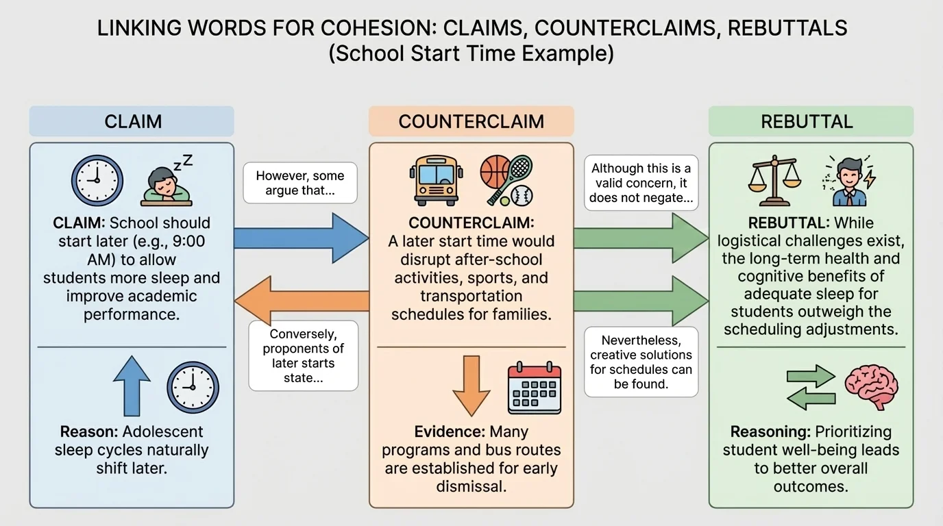 Chart with three columns labeled claim, counterclaim, rebuttal, using a school-start-time example and concise linking phrases
