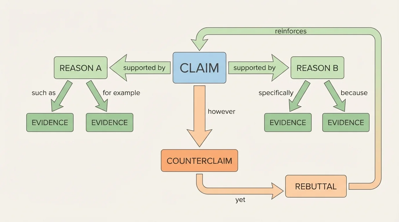 Flowchart showing claim at center, reasons branching from it, evidence supporting each reason, and counterclaim with rebuttal path