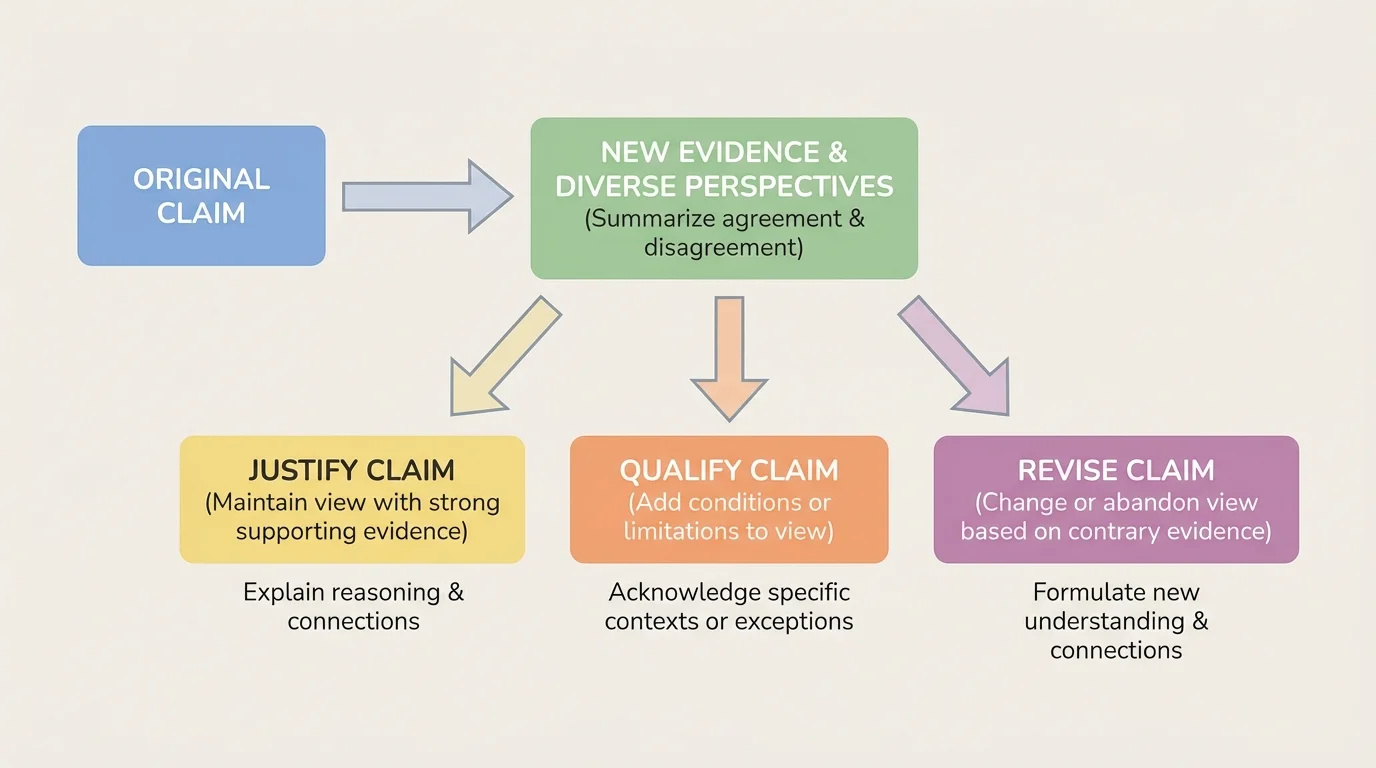 Flowchart showing original claim leading to new evidence, then branches to justify claim, qualify claim, or revise claim based on evidence strength