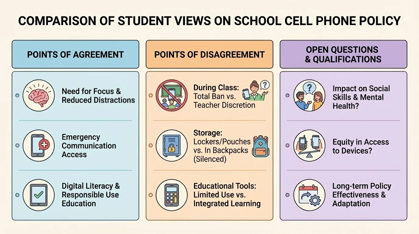 Three-column comparison chart of two students' views on school cell phone policy with columns labeled agreement, disagreement, and open questions