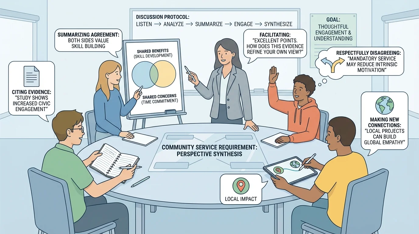 Classroom seminar with students discussing community service requirement, one student citing notes, another summarizing agreement, another respectfully disagreeing, teacher facilitating