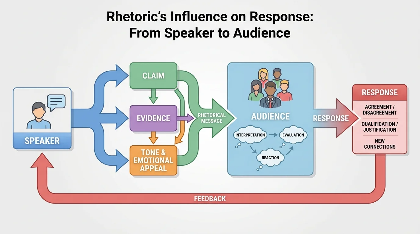 Diagram with labeled parts speaker, audience, claim, evidence, tone, and emotional appeal connected by arrows to show how rhetoric affects response