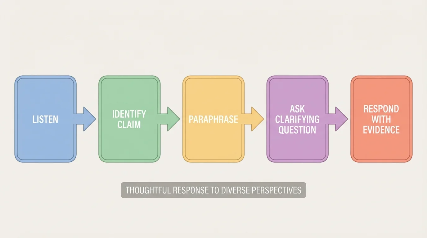 Flowchart of a student discussion process with boxes labeled listen, identify claim, paraphrase, ask clarifying question, and respond with evidence