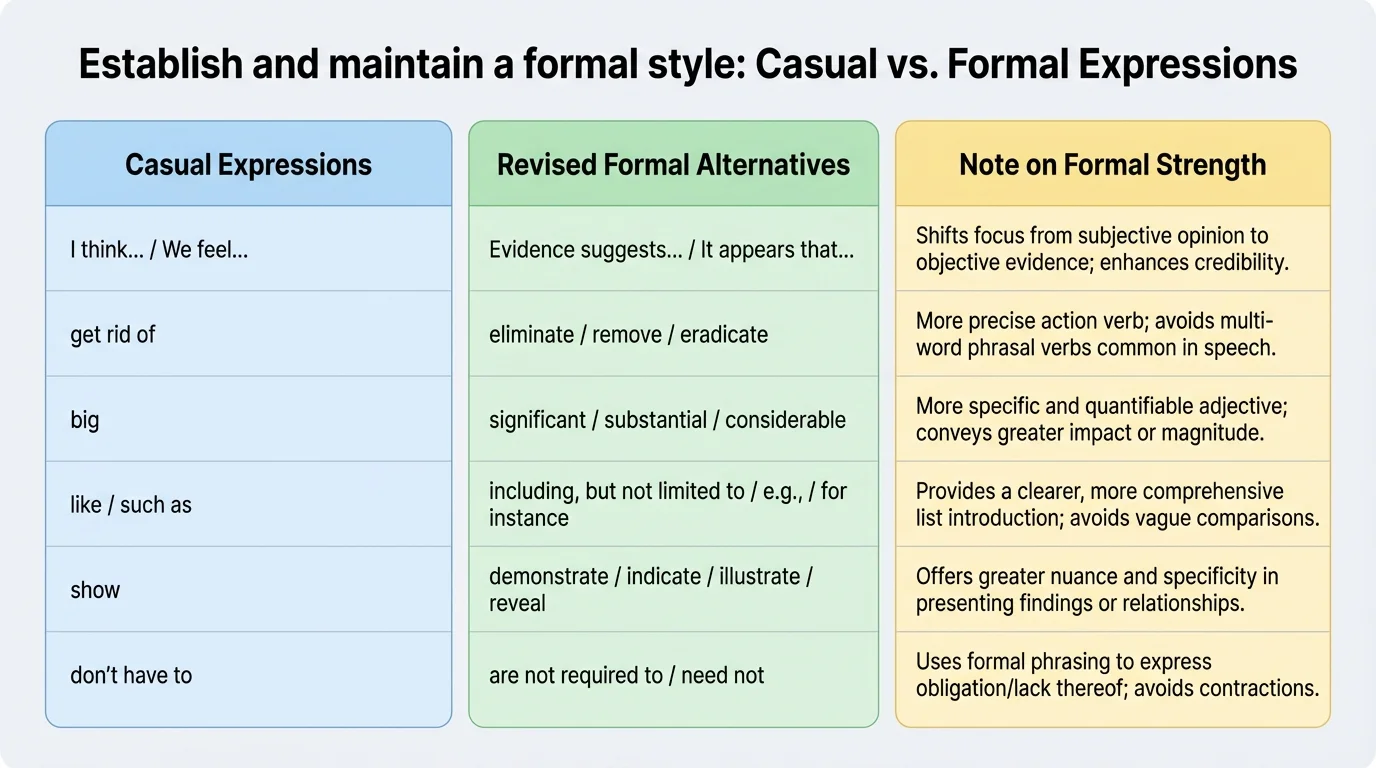 chart comparing casual expressions, revised formal alternatives, and short notes explaining why the formal choices are stronger