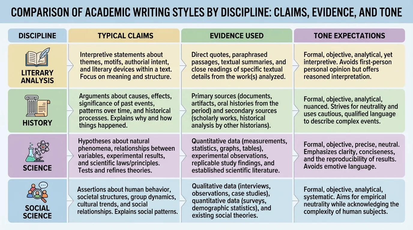 chart comparing literary analysis, history, science, and social science writing by typical claims, evidence used, and tone expectations