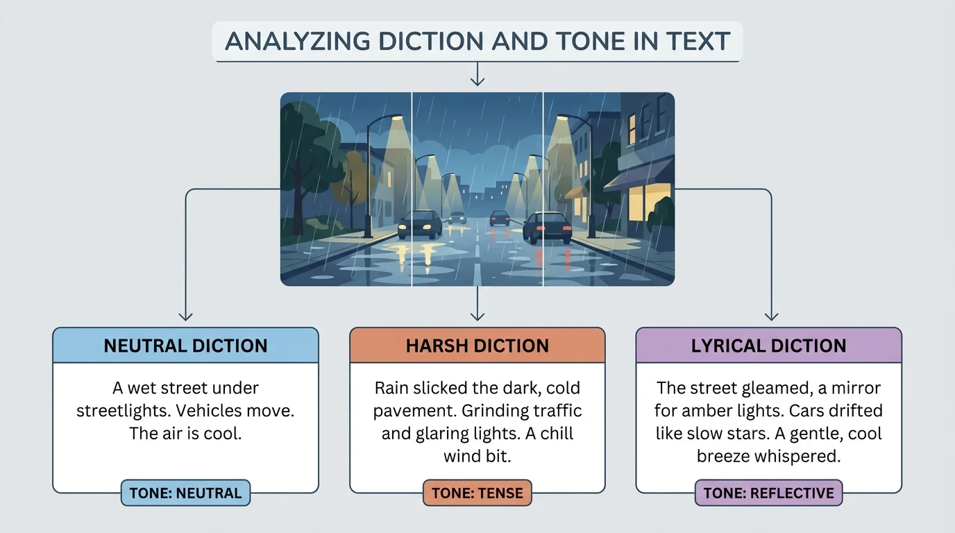 three side-by-side descriptions of one night street scene using neutral diction, harsh diction, and lyrical diction, with labeled tones neutral tense and reflective