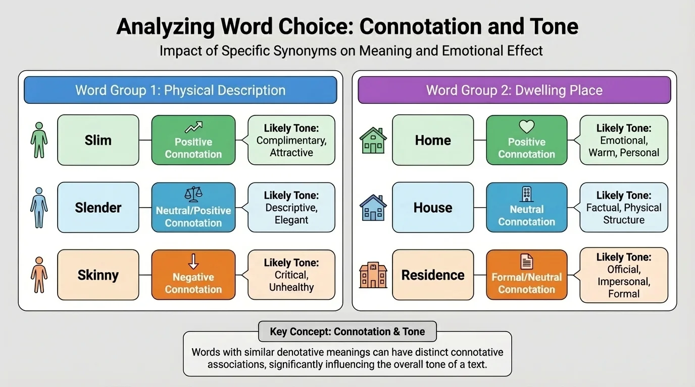 comparison chart of word groups slim slender skinny and house home residence, labeled with positive neutral and negative connotations and likely tonal effects