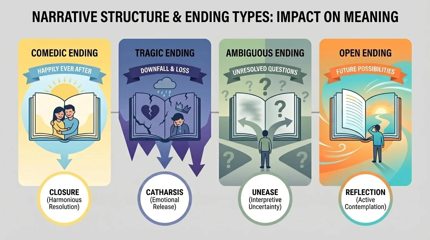 Four ending types—comedic, tragic, ambiguous, and open—with brief effect labels such as closure, catharsis, unease, and reflection