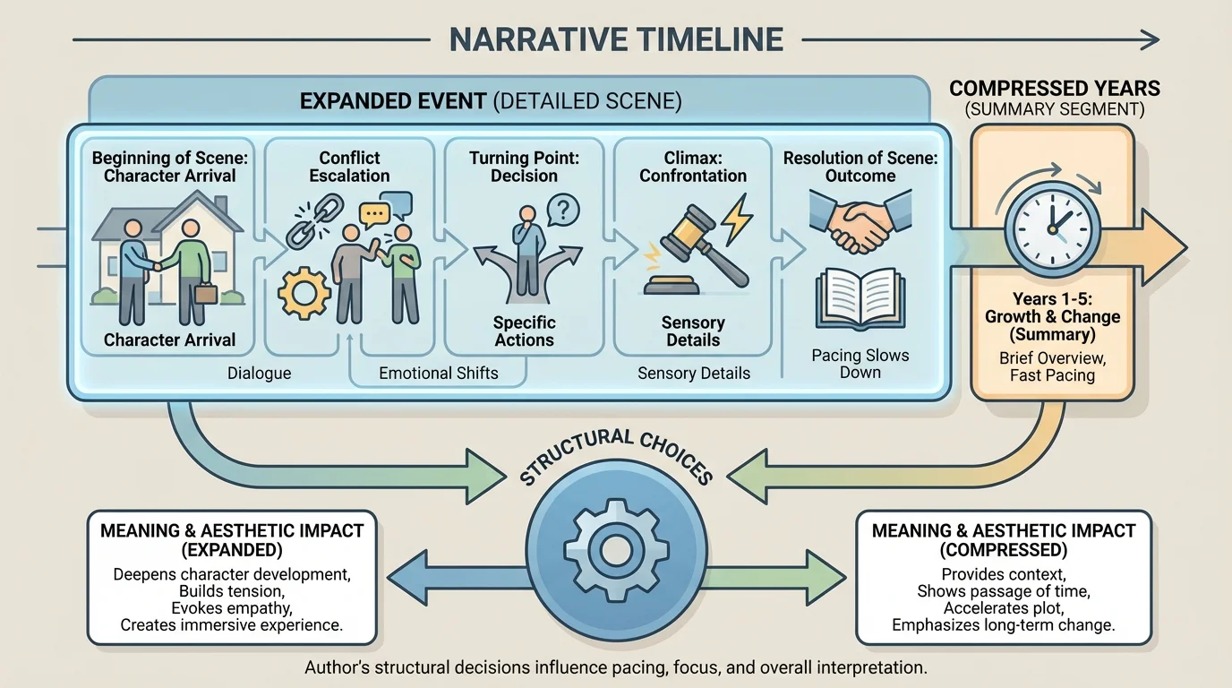 A timeline showing one event expanded into a long scene with many details while several years are compressed into a short summary segment