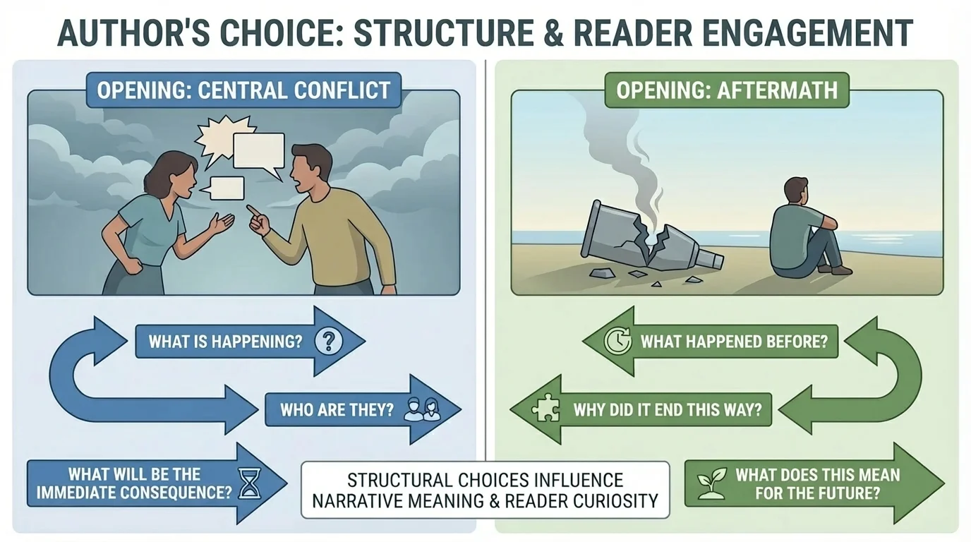 Two story openings compared side by side, one beginning with the central conflict and one beginning after the aftermath, with arrows showing different reader questions such as what happened, why it happened, and what will happen next