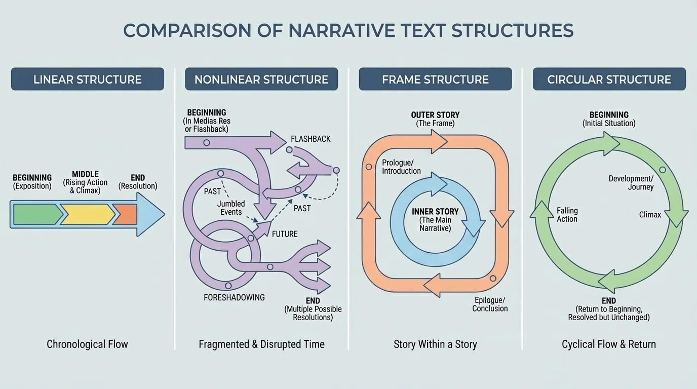 Comparison chart with four columns labeled linear, nonlinear, frame, and circular, each showing simple arrows or loops that represent event order