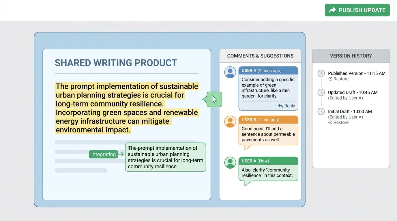 shared document interface with highlighted paragraph, side comments, suggested edits, and a visible version history panel