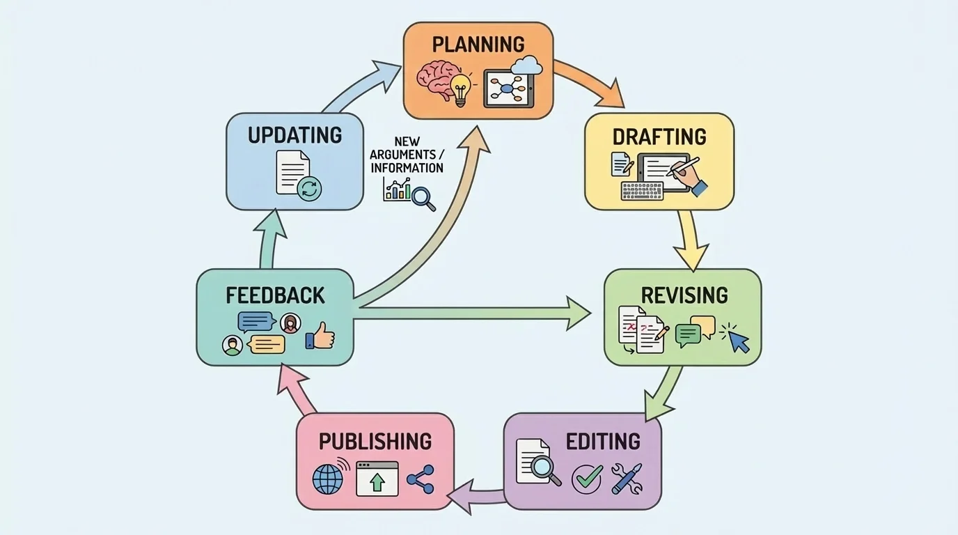 circular flow showing planning, drafting, revising, editing, publishing, feedback, and updating connected in a loop