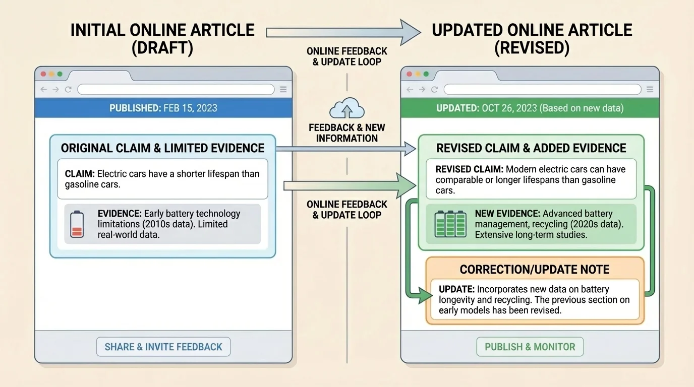 two-panel online article view, left showing original claim and limited evidence, right showing revised claim, added evidence section, and correction/update note