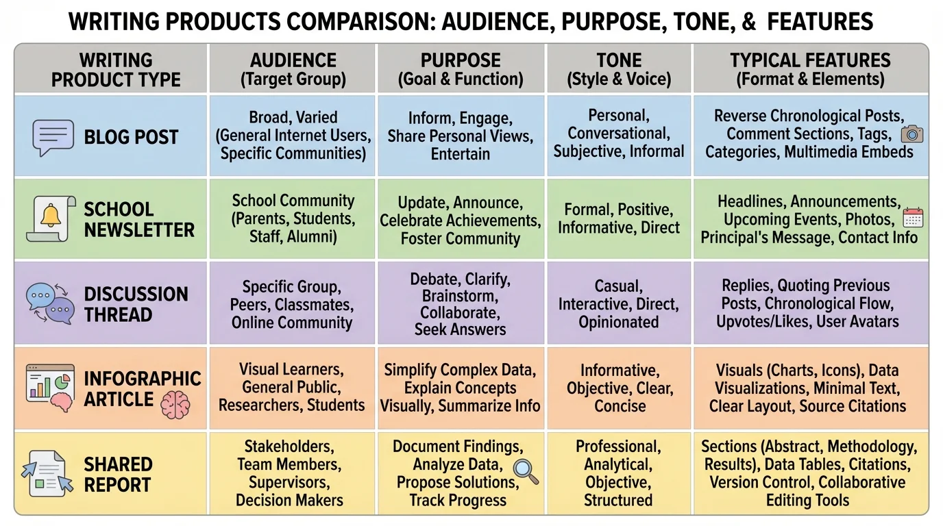 comparison chart of blog post, school newsletter, discussion thread, infographic article, and shared report by audience, purpose, tone, and typical features