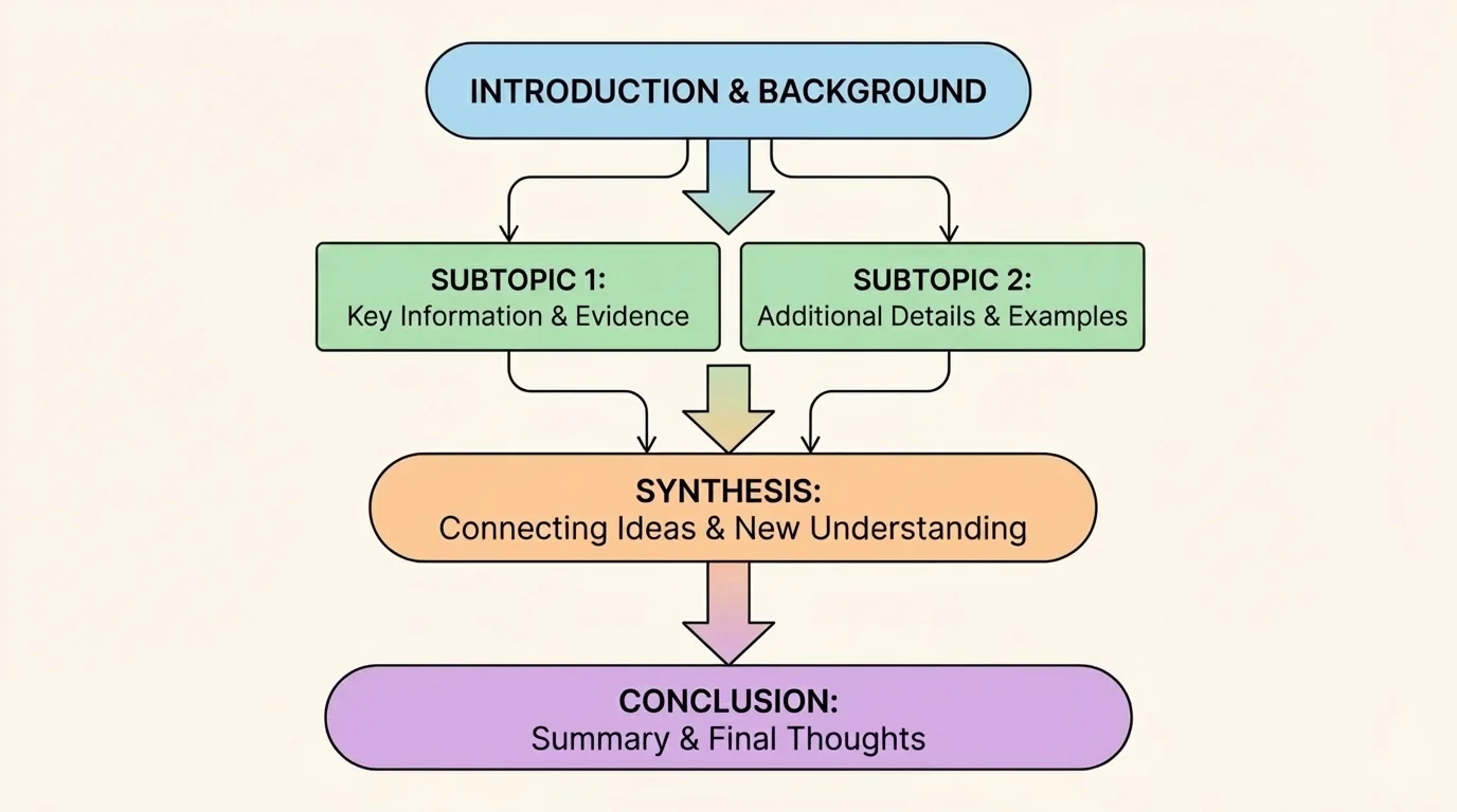 flowchart showing an informative essay moving from introduction and background to subtopic 1, subtopic 2, synthesis, and conclusion of ideas, with arrows showing how each section builds on the previous one