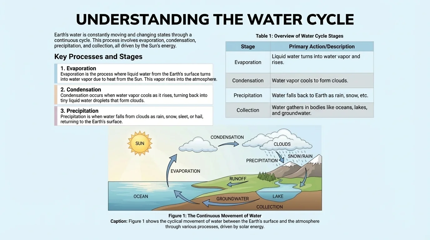 diagram of a student informative article page layout with title, clear headings, paragraph blocks, one table, one figure with caption, and white space arranged to guide reading