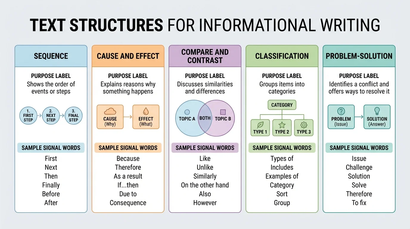 chart comparing sequence, cause and effect, compare and contrast, classification, and problem-solution text structures with short purpose labels and sample signal words