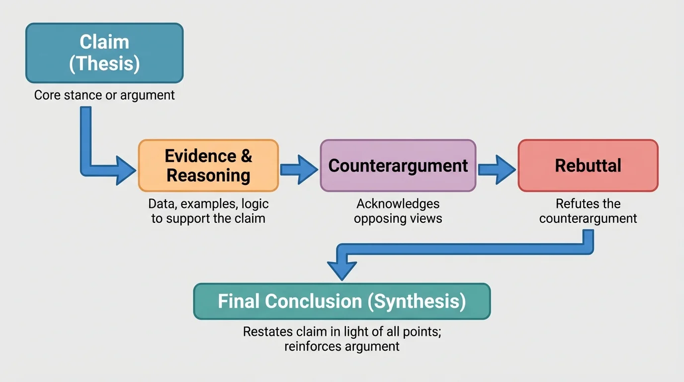 flowchart showing a persuasive argument moving from claim to evidence, counterargument, rebuttal, and final conclusion