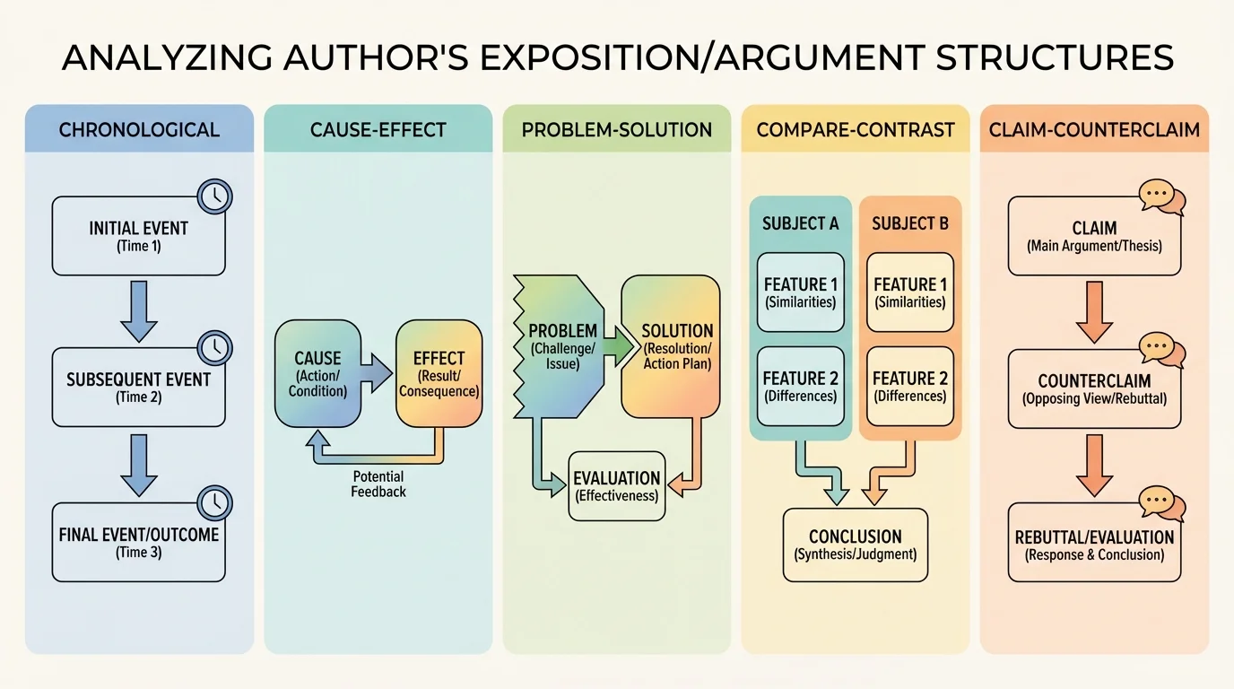 chart comparing chronological, cause-effect, problem-solution, compare-contrast, and claim-counterclaim structures with arrows showing progression