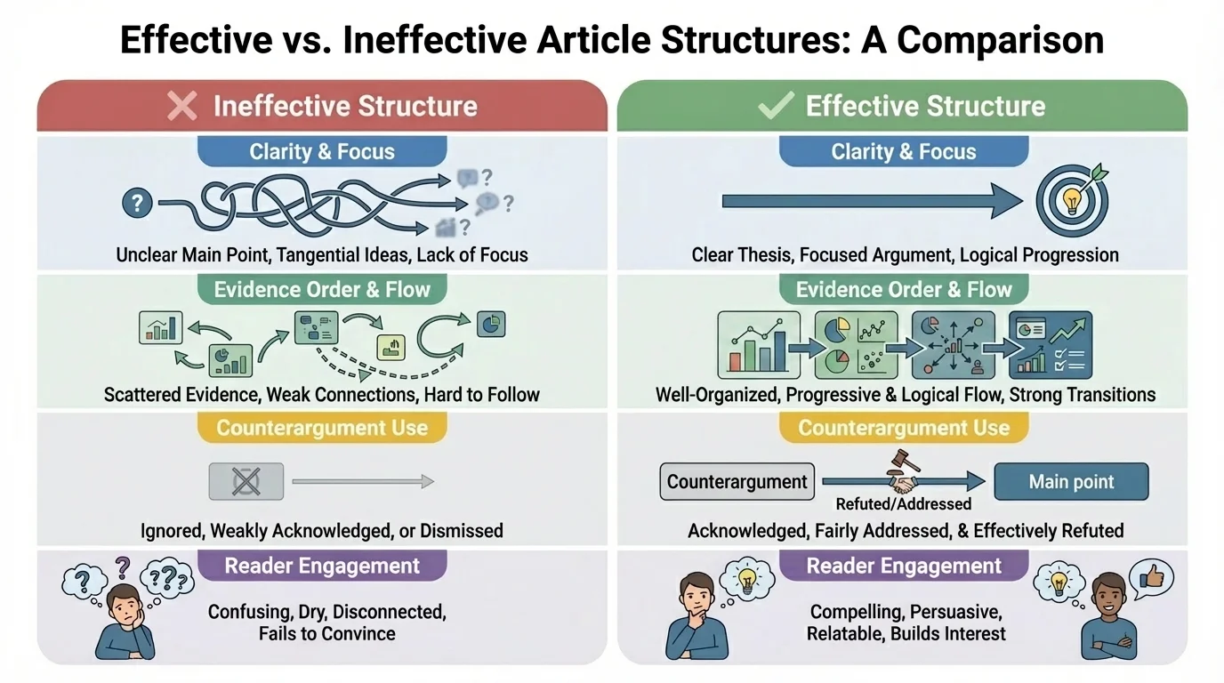 chart comparing an effective and ineffective article structure across clarity, evidence order, counterargument use, and reader engagement
