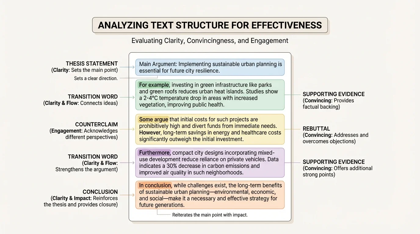 diagram of an annotated article excerpt with labels for thesis, transition words, evidence, counterclaim, and conclusion