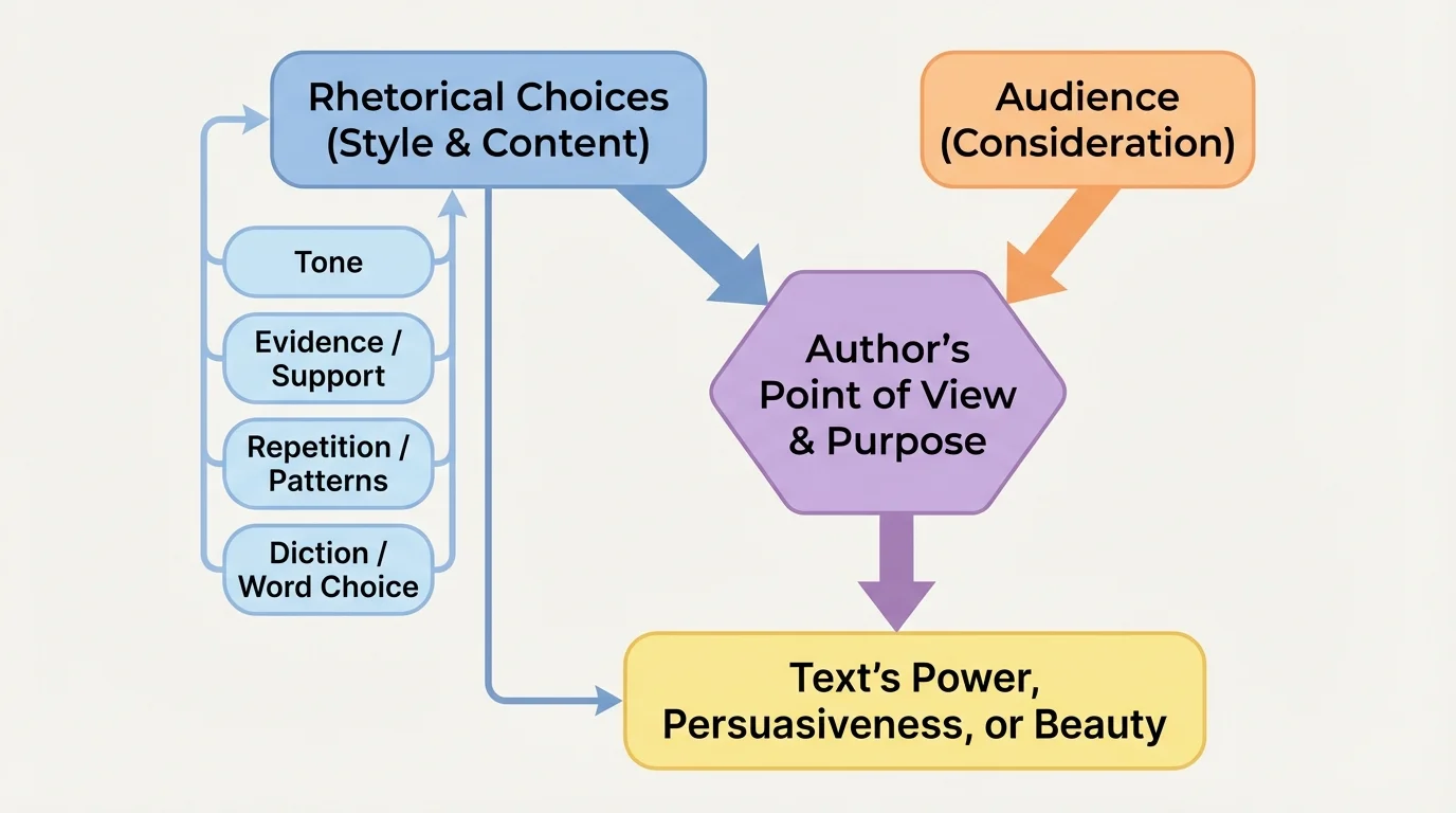 flowchart connecting author point of view to purpose, audience, and rhetorical choices such as tone, evidence, and repetition