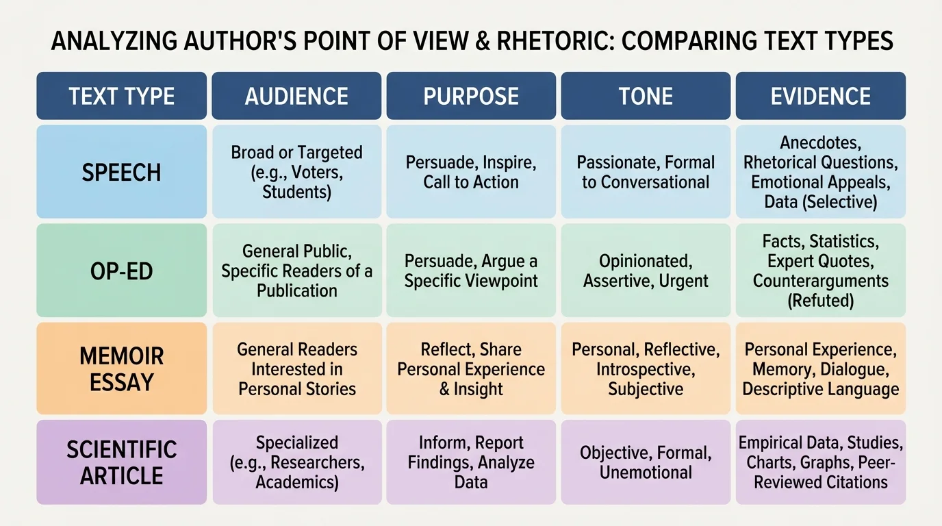 chart comparing speech, op-ed, memoir essay, and scientific article by audience, purpose, tone, and evidence