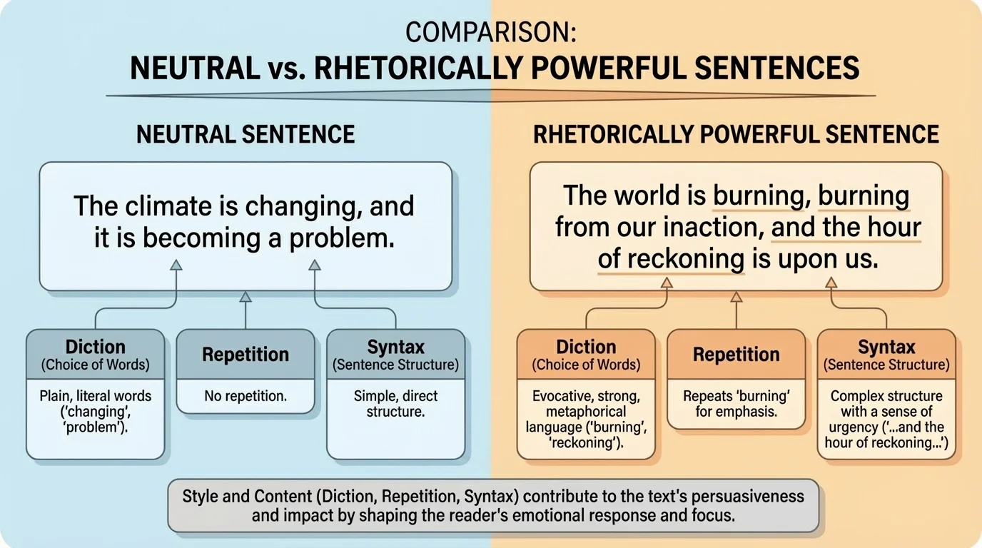 chart comparing a neutral sentence and a rhetorically powerful sentence with labels for diction, repetition, and syntax