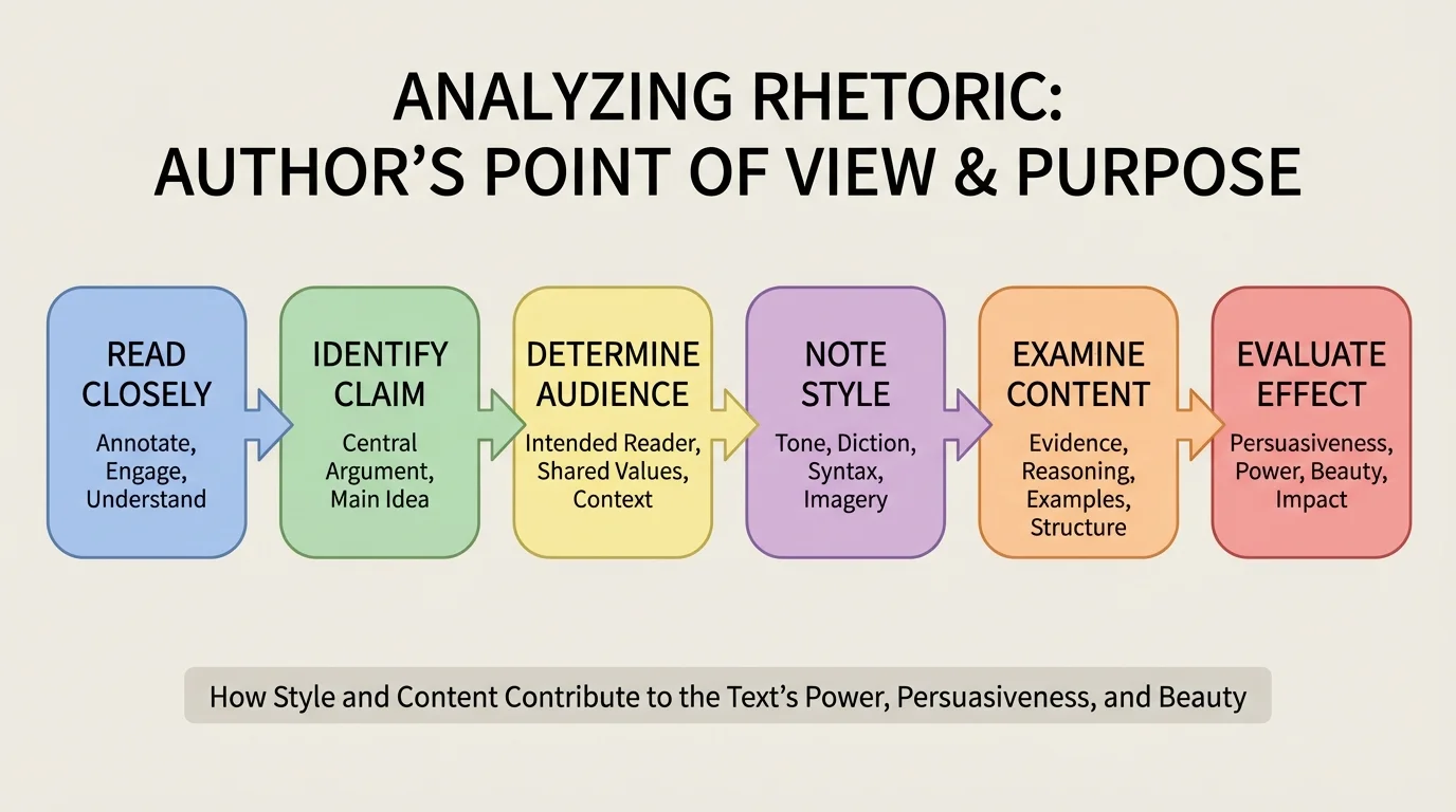 flowchart showing the sequence read closely, identify claim, determine audience, note style, examine content, evaluate effect
