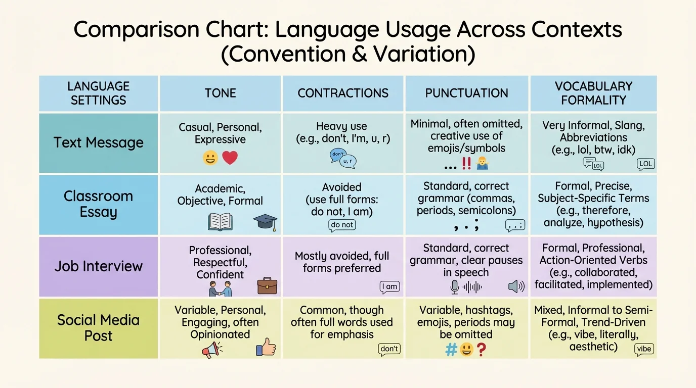 comparison chart showing language choices in four settings: text message, classroom essay, job interview, and social media post, with rows for tone, contractions, punctuation, and vocabulary formality