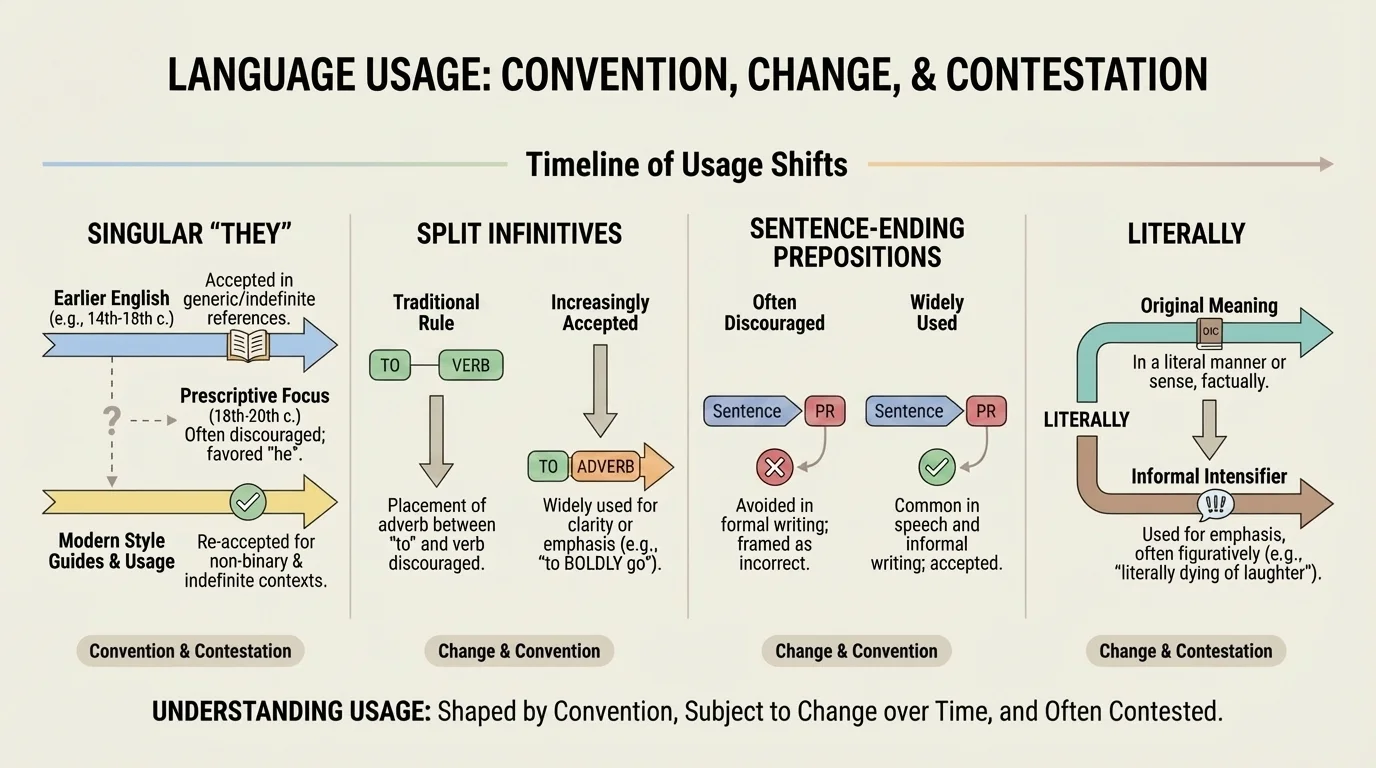 timeline with four usage shifts: singular they in earlier English and modern style guides, split infinitives becoming more accepted, sentence-ending prepositions widely used, and literally gaining informal intensifier meaning