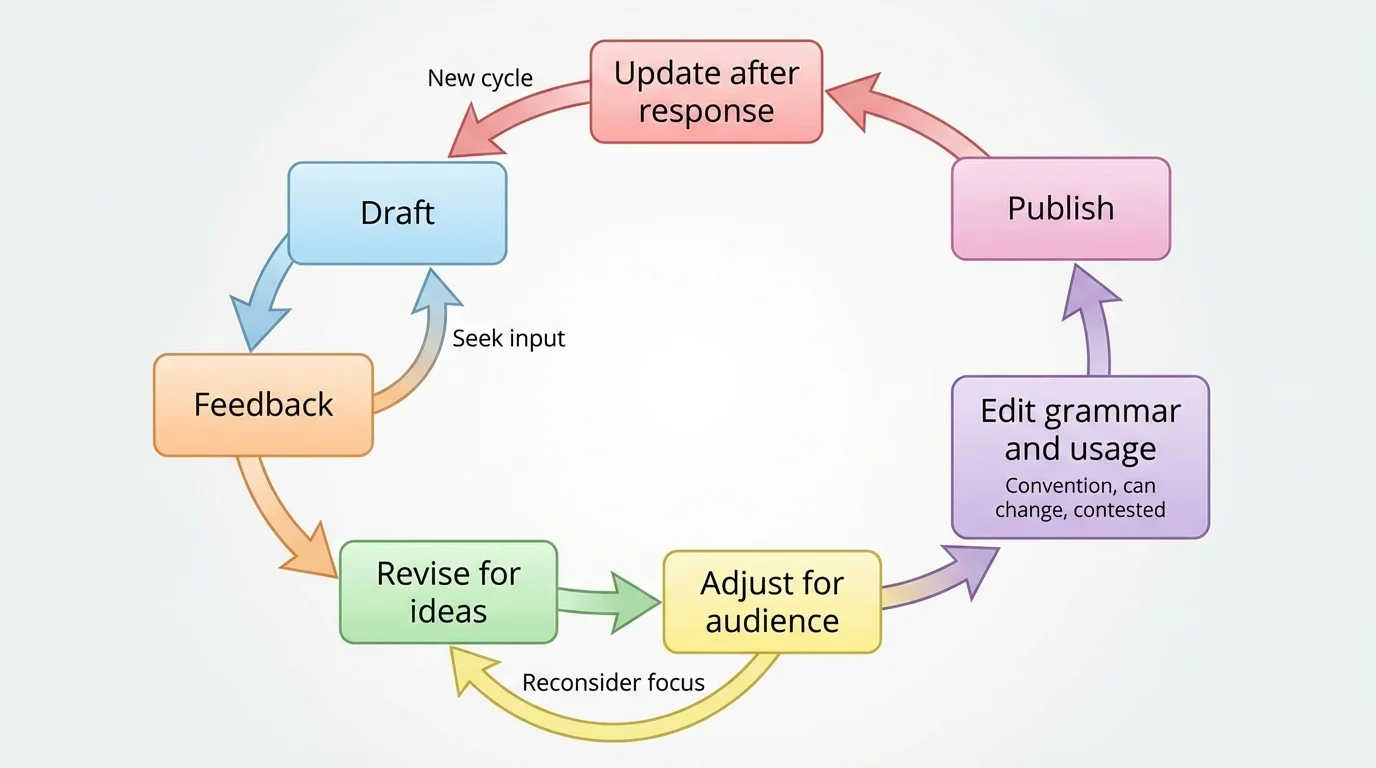 recursive writing process with boxes and arrows for draft, feedback, revise for ideas, adjust for audience, edit grammar and usage, publish, and update after response