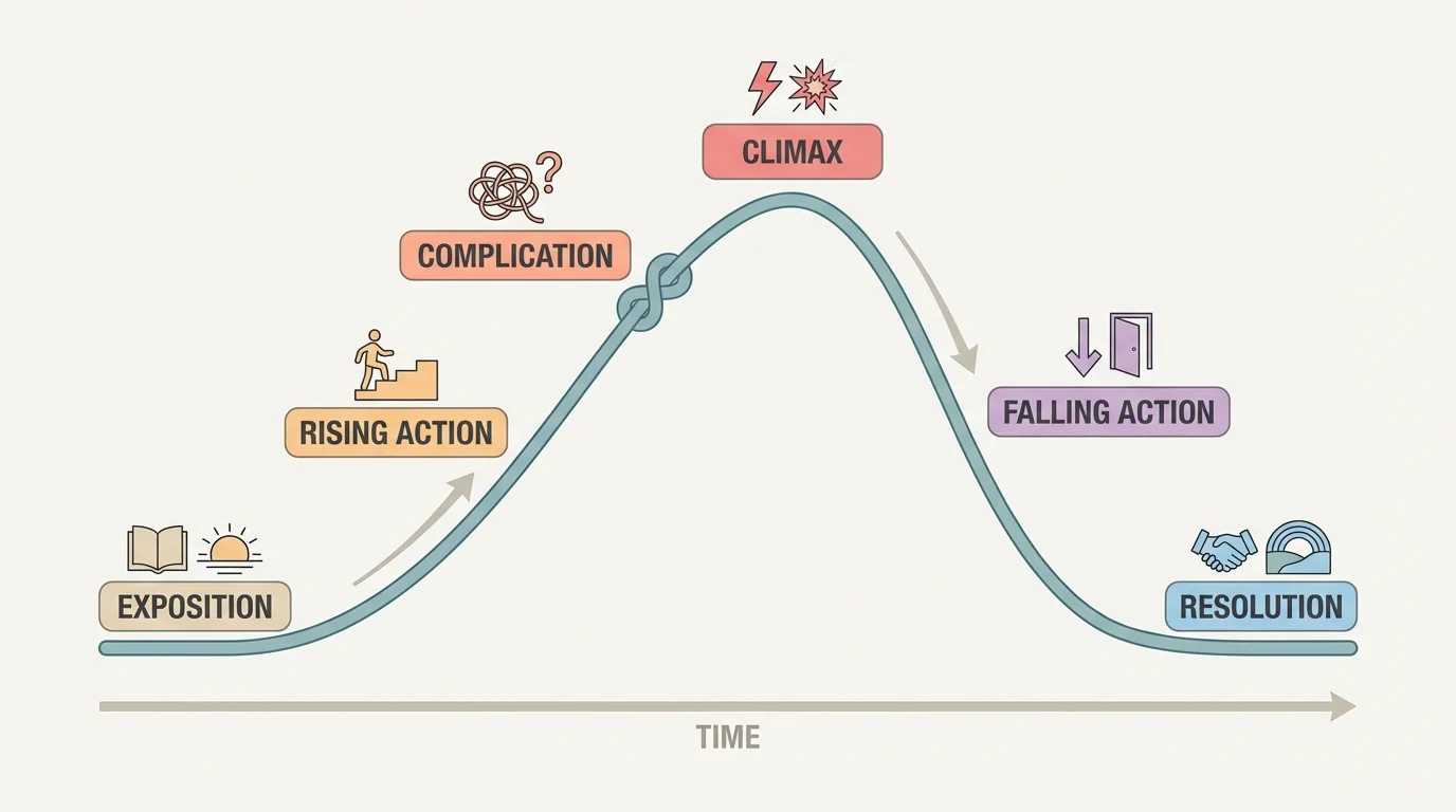 diagram of narrative arc labeled exposition, rising action, complication, climax, falling action, and resolution