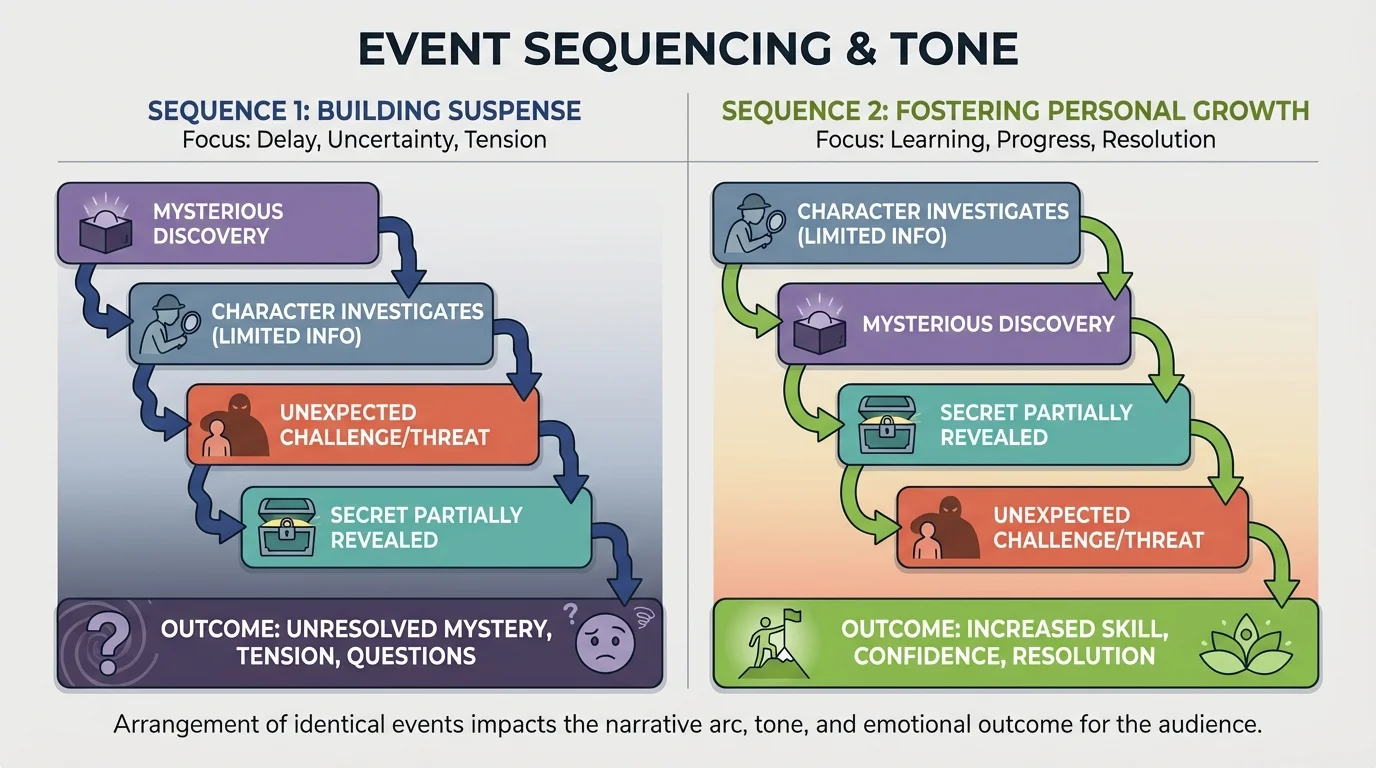 chart with identical story events arranged in two different sequences, one emphasizing suspense and one emphasizing personal growth