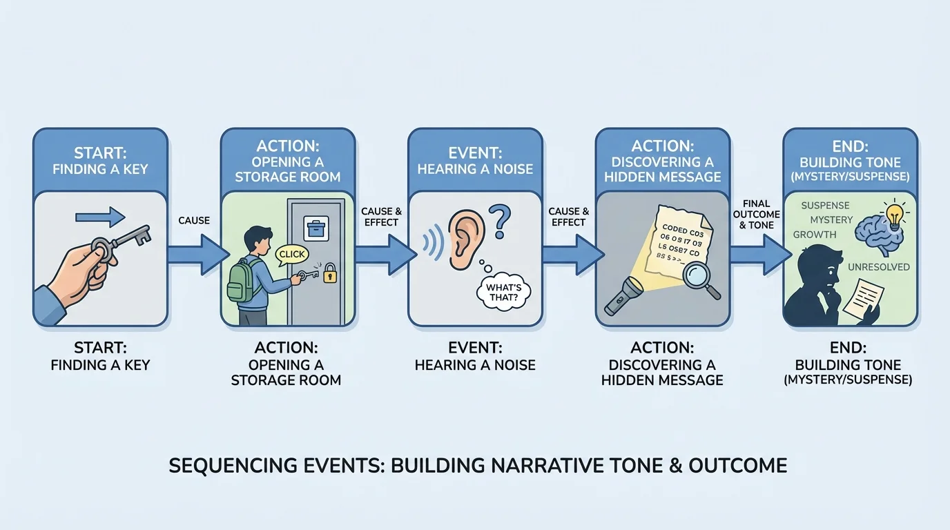 flowchart of a student finding a key, opening a storage room, hearing a noise, and discovering a hidden message, showing cause-and-effect links