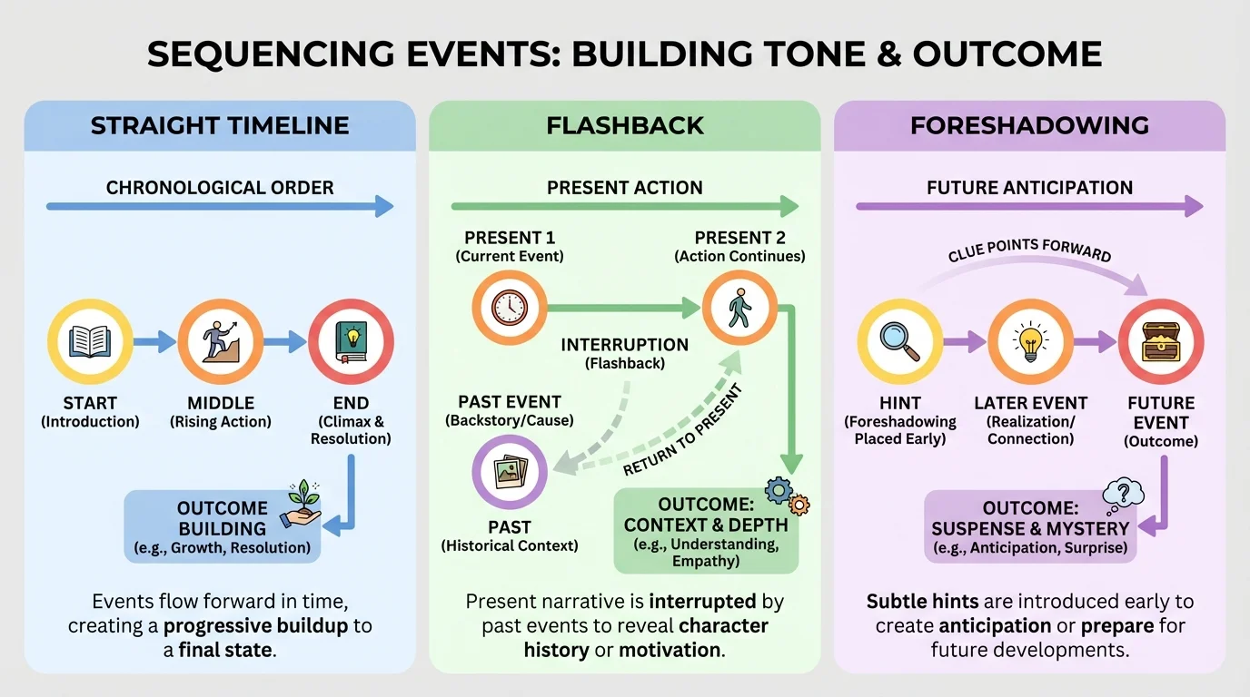 chart comparing straight timeline, flashback inserted into present action, and foreshadowing hint placed before later event