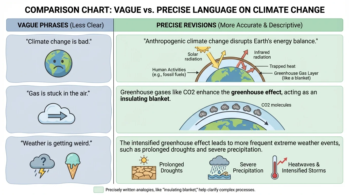 chart comparing vague phrases with precise revisions in an explanatory paragraph about climate change