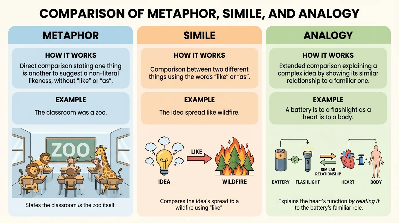 chart showing metaphor, simile, and analogy with one example each and a note on how each works