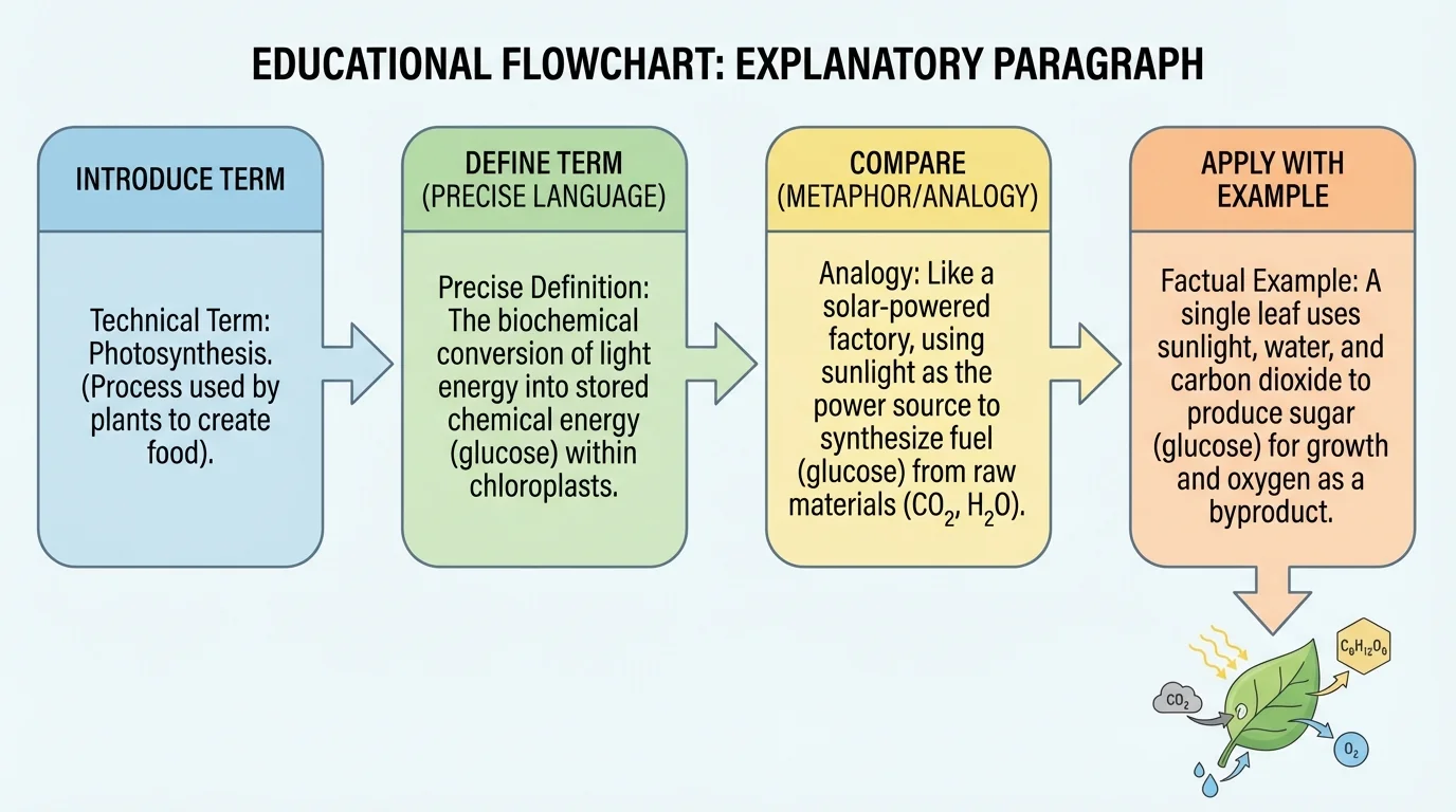 flowchart of an explanatory paragraph that introduces a technical term, defines it, compares it, and applies it with an example