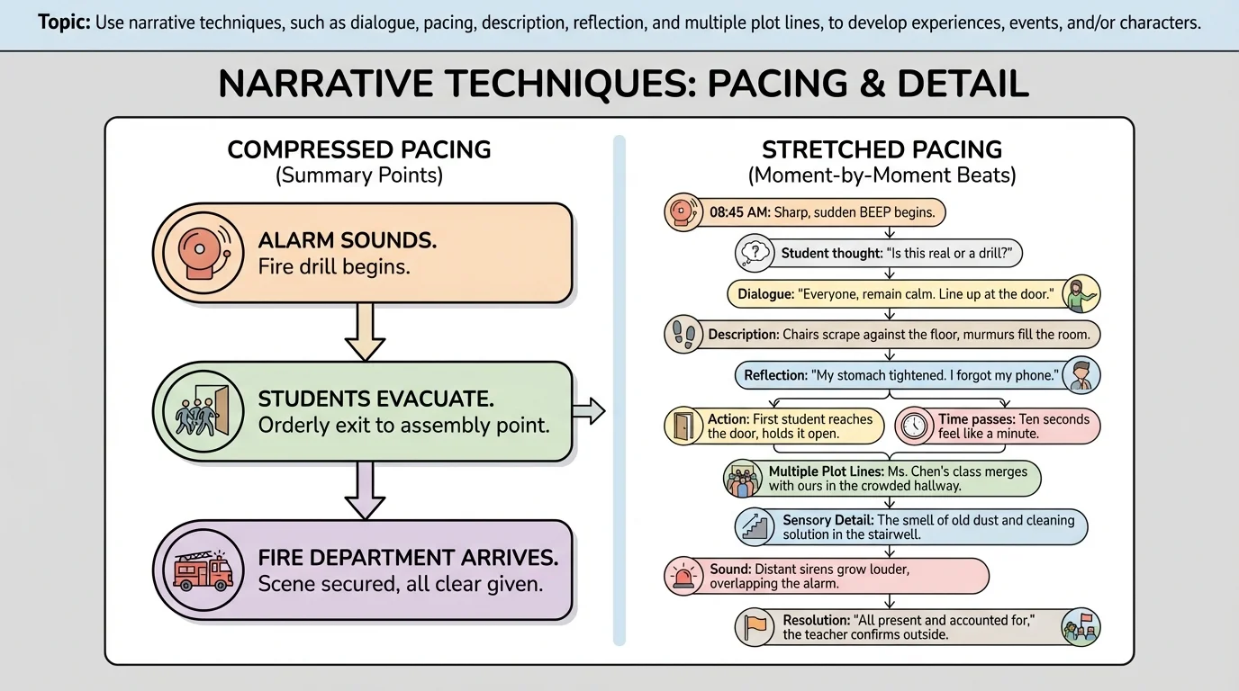Side-by-side timeline of the same fire alarm scene, one lane compressed into a few summary points and the other stretched into many moment-by-moment beats showing slow pacing