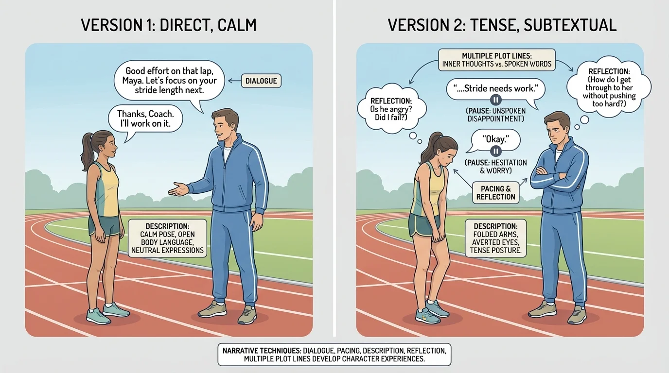 Two versions of a conversation between a student and coach on a track field, with one version calm and direct and the other tense with folded arms, averted eyes, and labeled pauses showing subtext