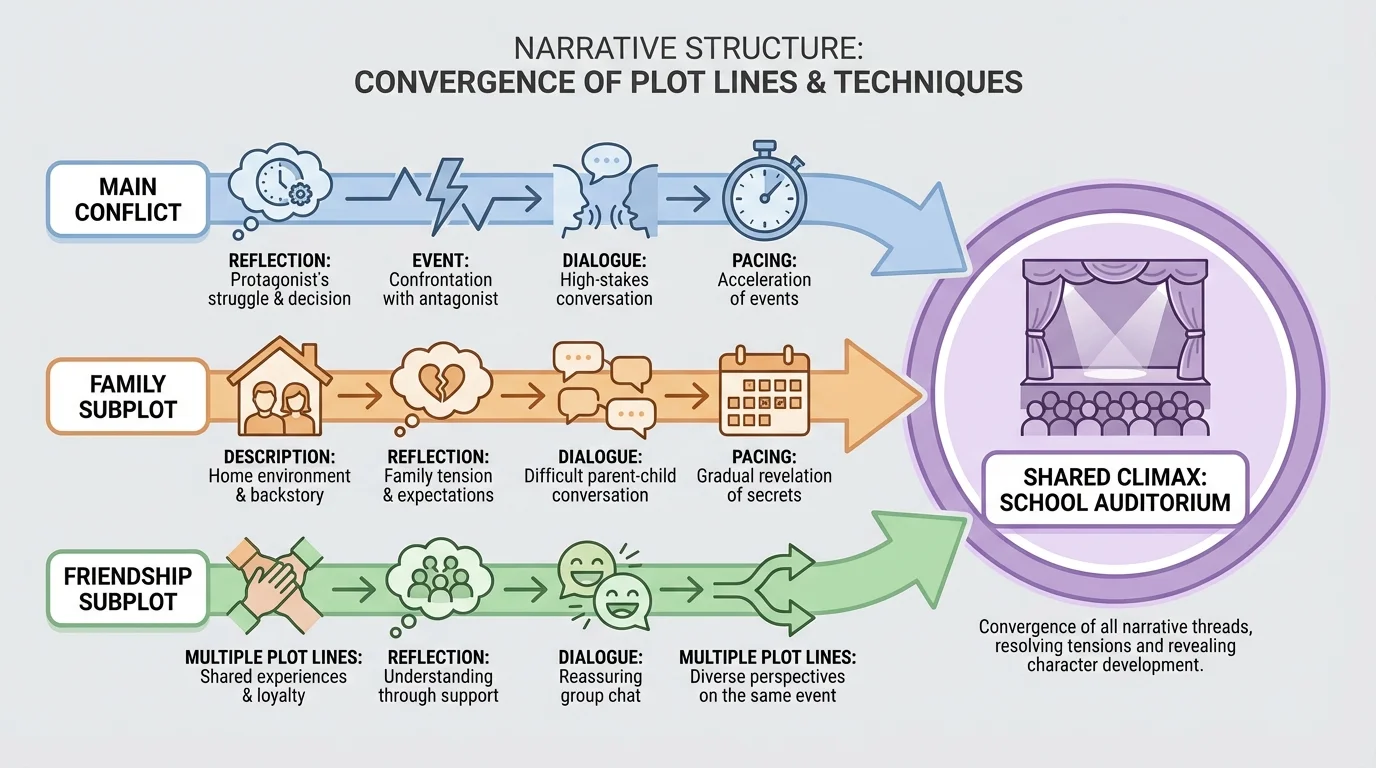 Three connected plot lines labeled main conflict, family subplot, and friendship subplot, each with arrows leading to one shared climax at a school auditorium
