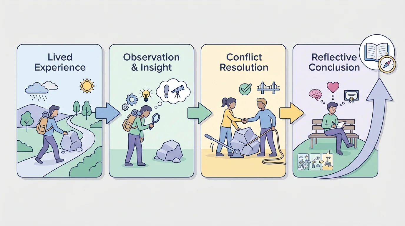 narrative progression from lived experience to observation to conflict resolution to reflective conclusion, with boxes labeled experience, change, insight, and ending