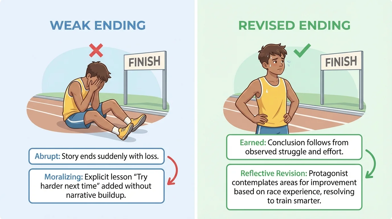 side-by-side comparison of weak ending versus revised ending for a student losing a race, with brief labels showing abrupt, moralizing, and earned reflective revision