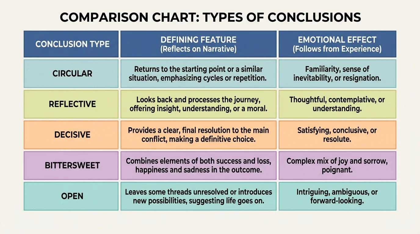 comparison chart of conclusion types with rows for circular, reflective, decisive, bittersweet, and open endings, and columns for defining feature and emotional effect